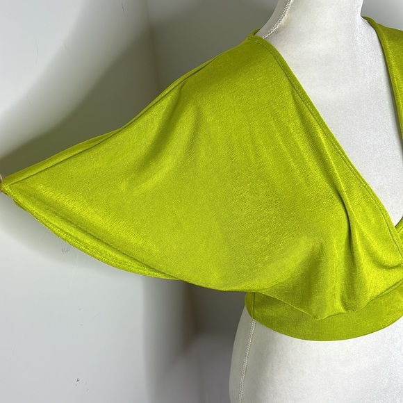 Y2K Objex Lime Green Slinky Faux Wrap Crop Top V Neck Dolman Sleeve Size M - Picture 4 of 10